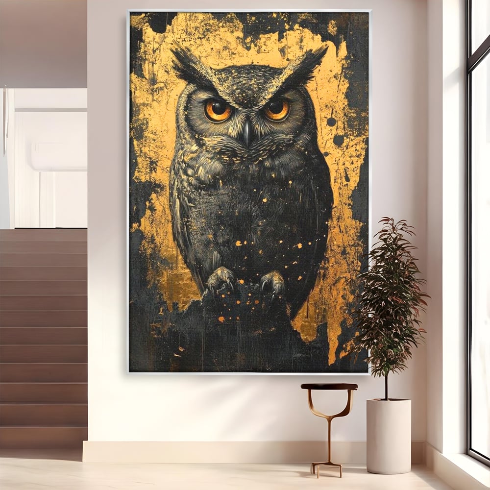 Tablou canvas cu tablou canvas cu bufnita neagra si fundal auriu, in rama de aluminiu argintiu